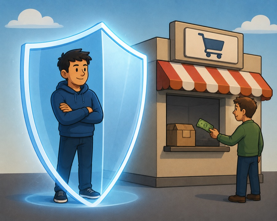 A founder shielded by a glowing liability shield beside a small shop making its first sale — LLC formation timing for early-stage founders