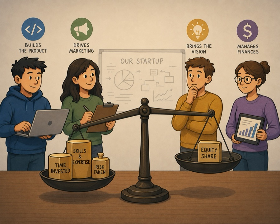 Four co-founders watch a scale tip: time invested, skills, and risk taken outweigh a single equity-share block — splitting equity by real contribution